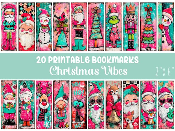 Christmas Printable Bookmarks Bundle – 20 Hand Painted Holiday Bookmarks PNG