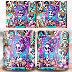 May include: White ceramic mug with a colorful design featuring a skeleton with flowers in its hair. The design includes the text "Blessed Mom" and "Tired Mom" and several tarot card images.