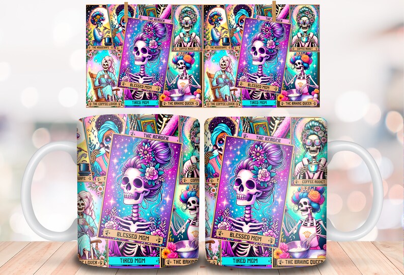 May include: White ceramic mug with a colorful design featuring a skeleton with flowers in its hair. The design includes the text "Blessed Mom" and "Tired Mom" and several tarot card images.