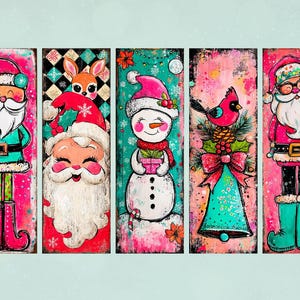 May include: A set of five Christmas-themed art panels. Each panel features a whimsical illustration of Santa Claus, a snowman, a cardinal, and a reindeer, all in a vibrant, colorful style. The panels have a distressed, textured appearance, with a pink and teal color scheme.