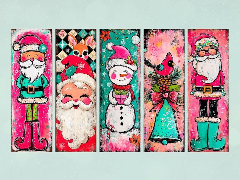 May include: A set of five Christmas-themed art panels. Each panel features a whimsical illustration of Santa Claus, a snowman, a cardinal, and a reindeer, all in a vibrant, colorful style. The panels have a distressed, textured appearance, with a pink and teal color scheme.
