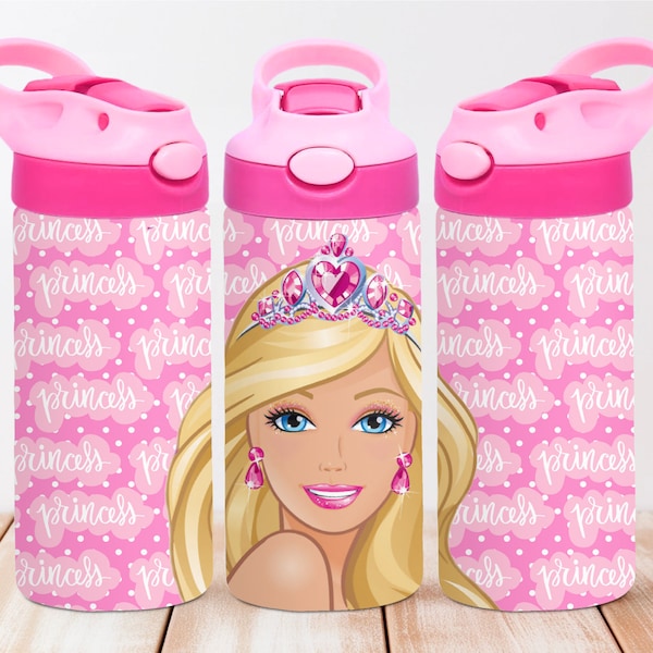 Pink Blond Doll 12oz Kids Flip Top Sippy Cup Tumbler Wrap,12oz Straight Tumbler Sublimation PNG, Children Blond Doll Tumbler Wrap Design PNG