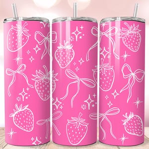 Pink Strawberry Coquette Bow 20oz Skinny Tumbler Wrap,Strawberry Tumbler PNG,Digital Download,Pink Girly Bow Tumbler,Trawberry Coquette PNG