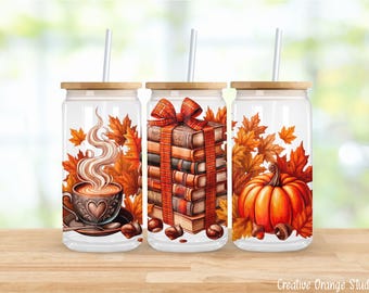 Fall Bookish 16oz Libbey Wrap PNG, Cozy Books Coffee Pumpkin Autumn Sublimation  (Digital Download)