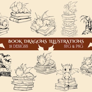 Puede incluir: Un conjunto de 18 ilustraciones en blanco y negro de dragones acurrucados en pilas de libros. El texto "BOOK DRAGONS ILLUSTRATIONS 18 DESIGNS SVG & PNG" está en la parte superior de la imagen.