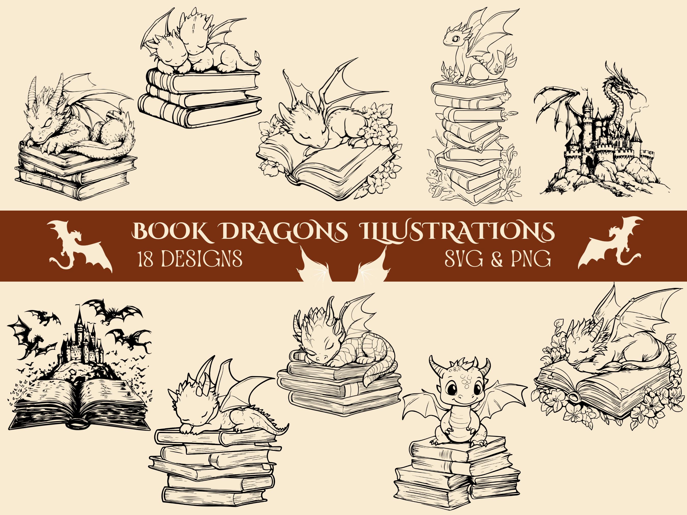 Dragon and Books Illustrations: 18 Designs SVG PNG Bundle - Etsy