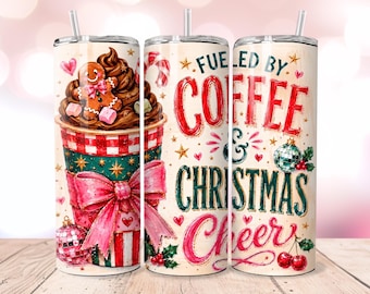 Fueled by Coffee and Christmas Cheer 20oz Skinny Tumbler Wrap PNG, Gingerbread Holiday Sublimation, Digital Download