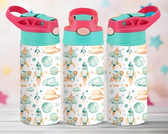 May include: Three turquoise and pink water bottles with a white background featuring a repeating pattern of rockets, planets, stars, and clouds.