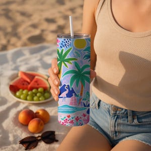 Tropical Tumbler Wrap PNG, Colorful Floral 20oz Skinny Tumbler Sublimation, Coastal Summer Beach Palm Trees Cup Wrap image 2