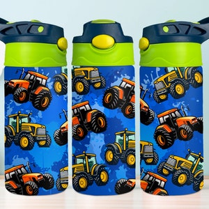May include: Three blue water bottles with green lids and yellow accents. The bottles feature a repeating pattern of cartoon tractors on a blue background with white splatter paint.