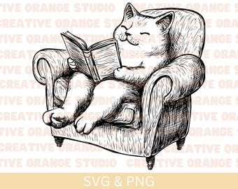 Cat Reading Book Clipart: SVG & PNG, Sublimation Design