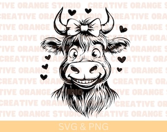 Funny Highland Cow in Love Svg & Png,Cute Cow Clipart,Highland Cow Vector Image,Cow Silhouette, Sublimation Design,Farm Animal Cut File