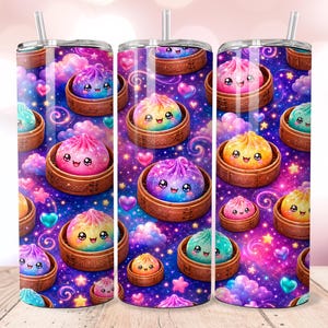 May include: A cylindrical stainless steel tumbler with a straw, featuring a repeating pattern of kawaii-style dumplings in bamboo steamers against a vibrant purple and blue galaxy background filled with colorful clouds, stars, and hearts.