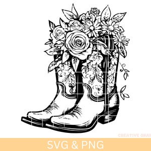 May include: Black and white illustration of a pair of cowboy boots with a bouquet of flowers in the top of the boots.