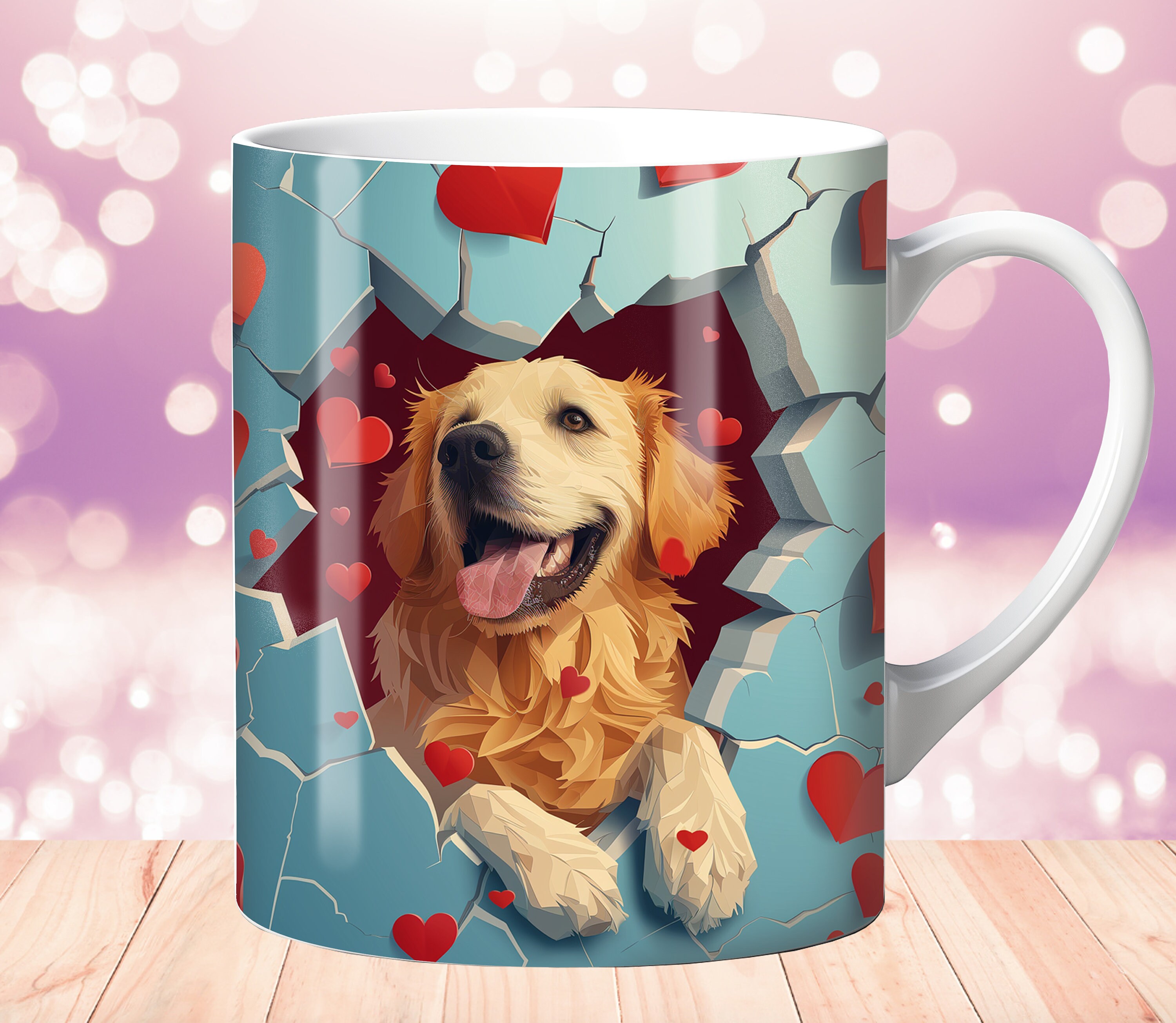 3D Golden Retriever Hole In A Wall Mug Wrap, 11oz & 15oz Mug Template, Mug Sublimation Design,Mug Wrap Template,Instant Digital Download PNG