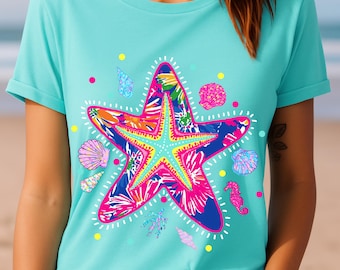 Preppy Starfish Summer Seashell PNG, Summer Vibes Png, Preppy Summer Png, Coastal Png, Glitter Summer Coquette Png, Beach Seashell Clam Png