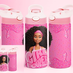 African American Doll 12oz Kids Flip Top Sippy Cup Tumbler Wrap,12oz Straight Tumbler Sublimation PNG, Children Doll Tumbler Wrap Design PNG