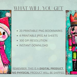 May include: Digital download image featuring a snowman and a nutcracker on a teal background. The snowman wears a red hat and scarf, while the nutcracker is in a pink uniform. Text includes "WHAT WILL YOU GET" and details about the digital product.