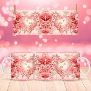 Vintage Valentine&#39;s Day Mug Wrap, 11oz & 15oz Mug Template, Mug Sublimation Design, Hearts Mug Wrap Template, Instant Digital Download PNG