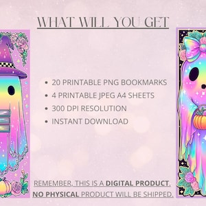 May include: Digital download graphic with two vibrant ghost illustrations. One ghost wears a witch's hat and holds books, the other a pumpkin. Text includes "WHAT WILL YOU GET" and details about the digital product.