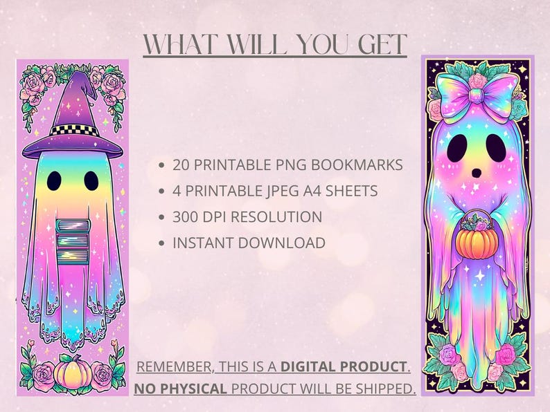 May include: Digital download graphic with two vibrant ghost illustrations. One ghost wears a witch's hat and holds books, the other a pumpkin. Text includes "WHAT WILL YOU GET" and details about the digital product.