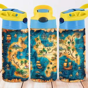 Mapa del tesoro 12oz Kids Flip Top Sippy Cup Tumbler Wrap, 12oz Straight Tumbler Sublimation PNG, Children Adventure Tumbler Wrap Design PNG
