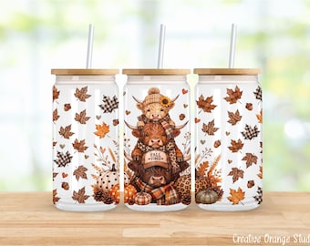 Highland Cow Fall 16oz Libbey Glass Can Wrap PNG, Leopard Print Pumpkin Rustic Autumn Sublimation Design (Digital Download)
