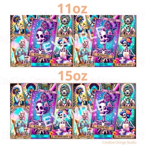 May include: Two rows of colorful, illustrated tarot cards featuring a skeleton with a flower crown. The cards are set against a galaxy background with a purple, pink, and blue color scheme. The text on the cards reads "The Coffee Lover", "The Baking Queen", "Blessed Mom", "Tired Mom", and "The Rerook". The cards are available in two sizes: 11 oz and 15 oz.
