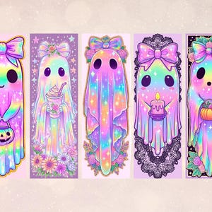 May include: Five colourful ghost illustrations with bows, holding a jack-o'-lantern, a drink, and a candle. The ghosts are in a rainbow colour scheme with floral and lace accents, perfect for Halloween or spooky season.