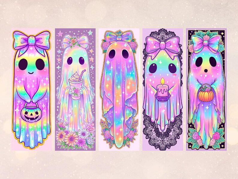 May include: Five colourful ghost illustrations with bows, holding a jack-o'-lantern, a drink, and a candle. The ghosts are in a rainbow colour scheme with floral and lace accents, perfect for Halloween or spooky season.