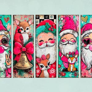 May include: A set of five whimsical Christmas-themed wooden panels. Each panel features a unique Santa Claus or reindeer design with vibrant colors, sunglasses, and bubblegum. The panels have a distressed, rustic appearance.