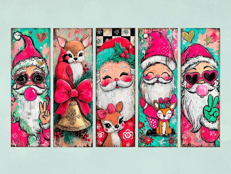 May include: A set of five whimsical Christmas-themed wooden panels. Each panel features a unique Santa Claus or reindeer design with vibrant colors, sunglasses, and bubblegum. The panels have a distressed, rustic appearance.