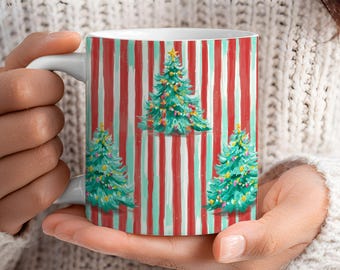 Weihnachtsbaum-Becher-Verpackung 11 Unze 15 Unze • Feiertags-Becherverpackung PNG • Retro Winter Verpackung • Sublimationsdesign