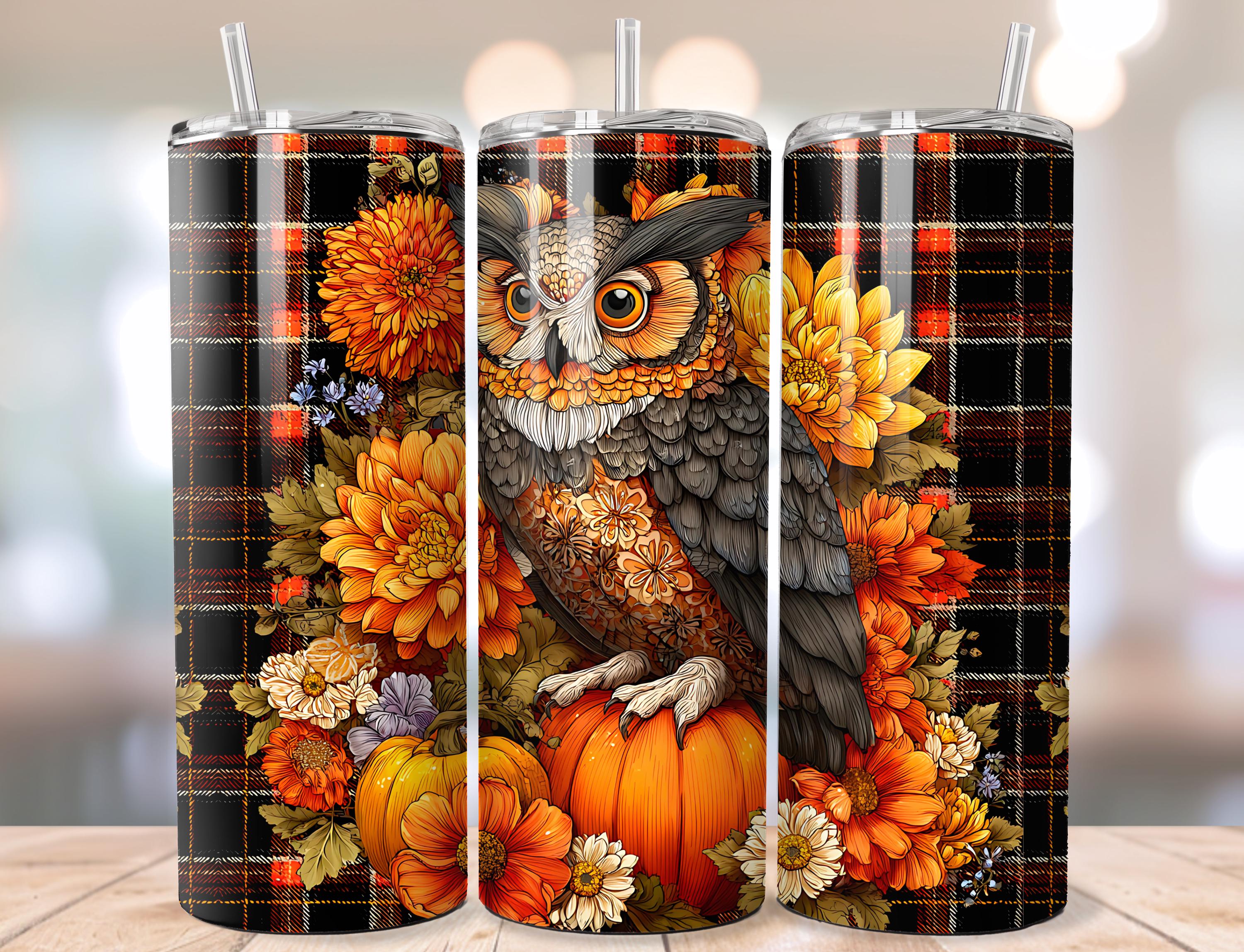 Fall Owl Tumbler Wrap PNG,Checkered,Floral Pumpkin 20oz Skinny Tumbler Sublimation Design,Retro Autu
