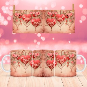 Vintage Valentine&#39;s Day Mug Wrap, 11oz & 15oz Mug Template, Mug Sublimation Design, Hearts Mug Wrap Template, Instant Digital Download PNG