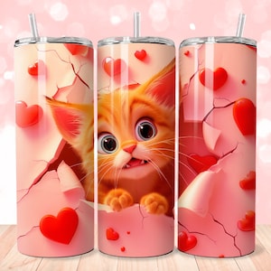 3D Cute Kitty Hearts Hole in the Wall 20 oz Skinny Tumbler Sublimation Design, Straight & Tapered Tumbler Wrap, Instant Digital Download PNG