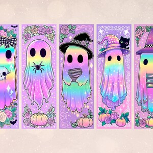 May include: Five colourful ghost-themed bookmarks. Each bookmark shows a pastel rainbow ghost with accessories such as a bow, spider, witch hat, and books. Floral and pumpkin accents complete the Halloween theme.