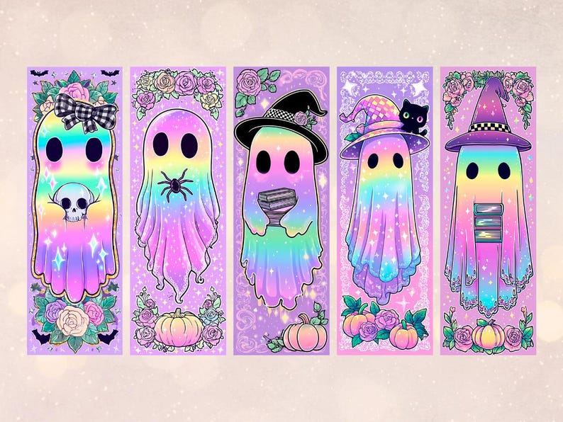 May include: Five colourful ghost-themed bookmarks. Each bookmark shows a pastel rainbow ghost with accessories such as a bow, spider, witch hat, and books. Floral and pumpkin accents complete the Halloween theme.