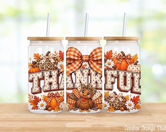 Thanksgiving  16oz Libbey Wrap PNG, Thankful Leopard Pumpkin Autumn Design  (Digital Download)