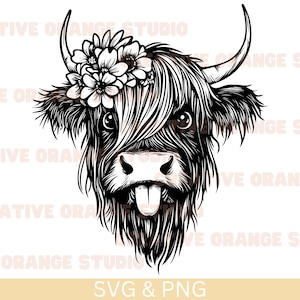 Vaca de las Tierras Altas con flores (SVG y PNG), clipart de vaca linda, imagen vectorial de vaca de las Tierras Altas, silueta de vaca, diseño de sublimación, archivo de corte de animal de granja