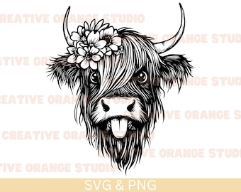 Funny Highland Cow with Flowers Clipart: SVG & PNG (Digital Download)