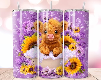 Highland Cow Tumbler Wrap: Purple Floral 20oz Skinny Design (PNG Digital Download)
