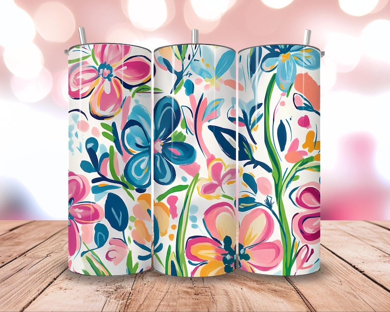 Retro Floral Tumbler Wrap: Boho Sublimation Design (20oz PNG Digital Download image 1