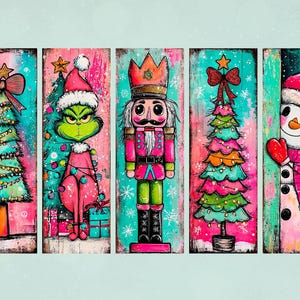 May include: A set of five Christmas-themed wooden panels. Each panel features a different whimsical design: a Christmas tree, the Grinch, a nutcracker, another Christmas tree, and a snowman. The artwork uses bright colors and a distressed, rustic style.