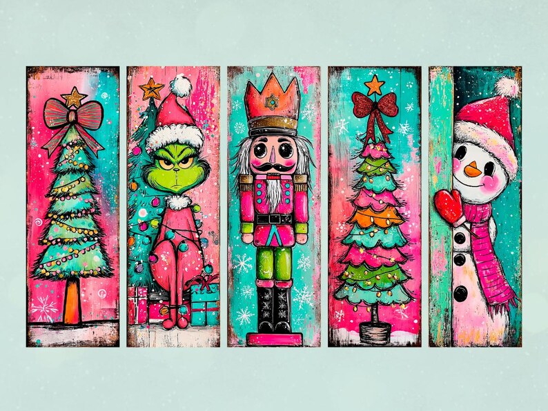 May include: A set of five Christmas-themed wooden panels. Each panel features a different whimsical design: a Christmas tree, the Grinch, a nutcracker, another Christmas tree, and a snowman. The artwork uses bright colors and a distressed, rustic style.