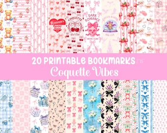 Coquette Printable Bookmarks Bundle, Reading Social Club 20 PNG Bookmarks Design, Girly Bows Coquette Bookmark,Book Lover Gift, Bookish PNG