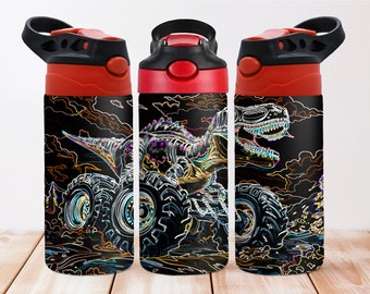 Monster Truck Dinosaur Tumbler Wrap: 12oz Sippy Cup Sublimation Design PNG