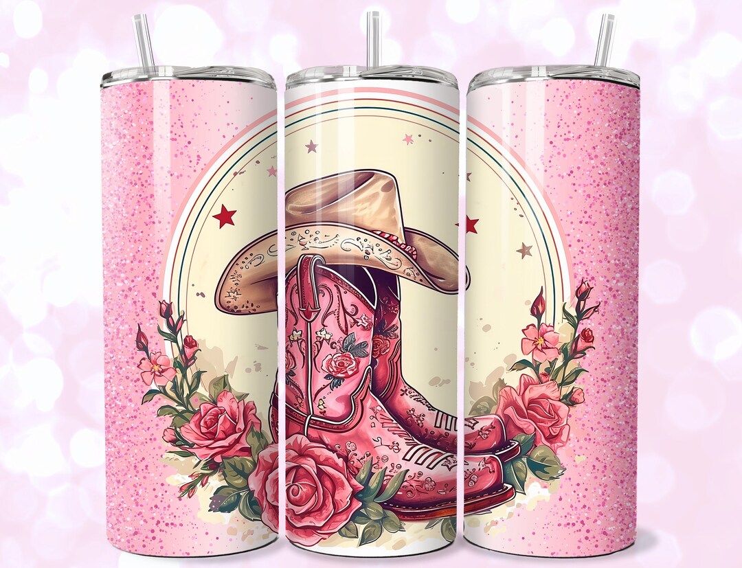 Pink Cowgirl Boots & Roses Tumbler Wrap: 20oz Skinny Sublimation Design ...