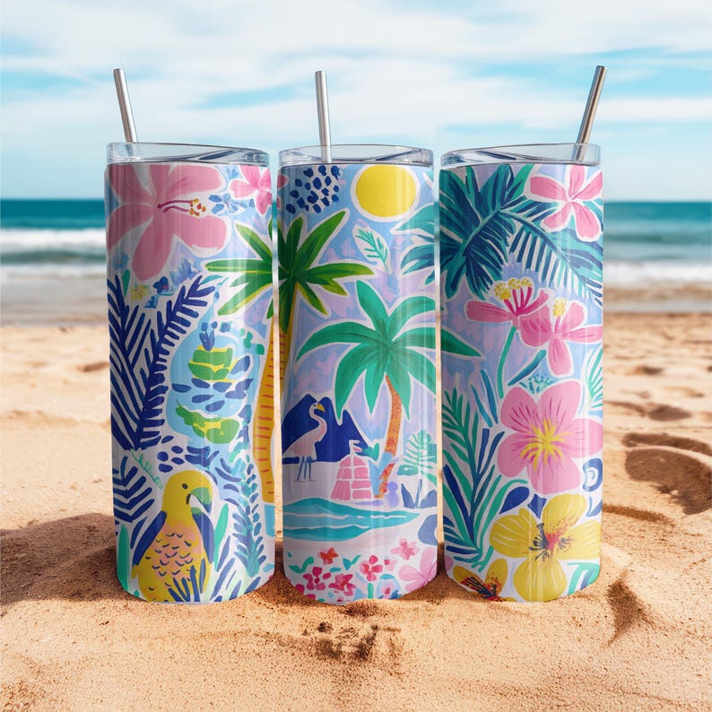 Tropical Tumbler Wrap PNG, Colorful Floral 20oz Skinny Tumbler Sublimation, Coastal Summer Beach Palm Trees Cup Wrap image 1