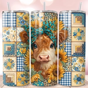 May include: Three stainless steel tumblers with lids and straws. Each tumbler features a patchwork design with a cow illustration surrounded by sunflowers and a turquoise bow. The patchwork includes floral, gingham, and leopard print patterns.